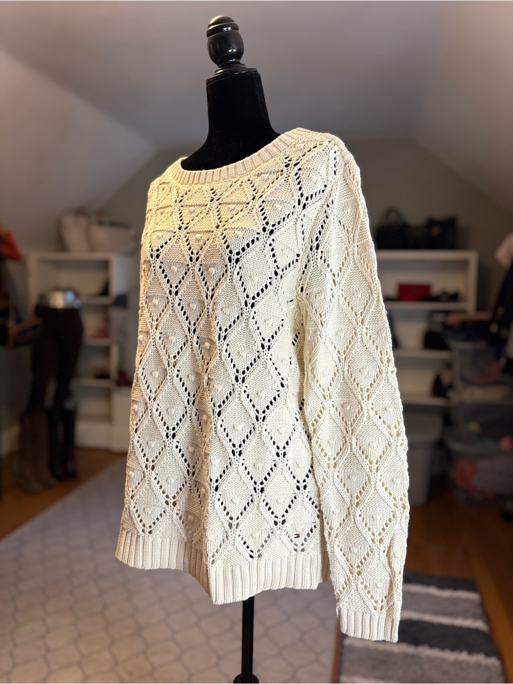 Tommy Hilfiger | Cotton Openwork Diamond Crewneck Sweater | Size XL - Picture 3 of 7